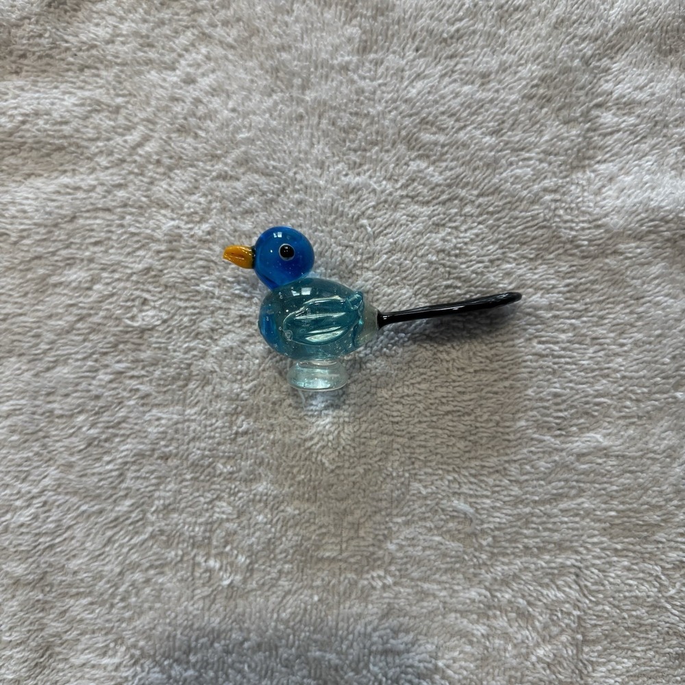Vintage Hand Blown Art Glass Blue Bird Figurine Miniature Clear Pedestal